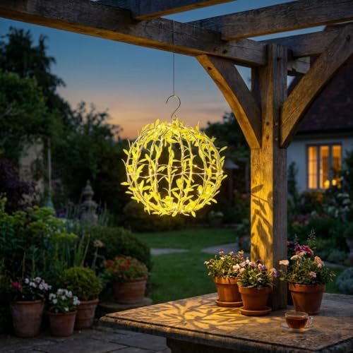 ideoon Solar Leuchtkugel im Blätterdesign - Ø20cm mit 72 Warmweißen LEDs - IP44 Außenleuchte inkl. Erdspieß, S-Haken und Solarpanel