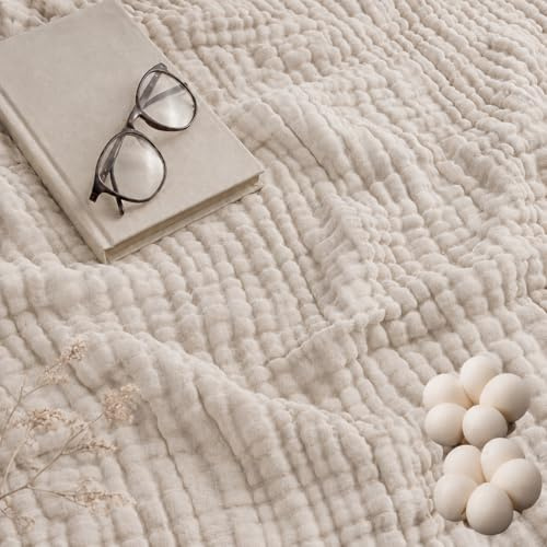 Reiteag Alpenfaser Musselin Decke, Sanfte Musselin Decke 150 X 200 Alpenfaser, Weich Und Flauschig, 100% Natürliche Baumwolle, Leicht Und Atmungsaktiv, Als Bett- Oder Sofadecke Geeignet (Beige)
