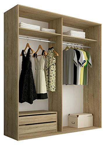 duehome | Armario de 2 Puertas Correderas, Armario Doble, Modelo Uniq 180, Acabado en Cambria y Blanco, Medidas: 180 cm (Largo) x 207,6 cm (Alto) x 55 cm (Fondo)