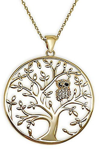 Ensemble pendentif Arbre de Vie Chouette Plaqué Or 750/000 et Oxydes de Zirconium + Chaîne 50 cm Plaqué Or 750/000 - Femme