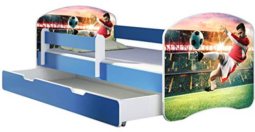 ACMA Kinderbett Jugendbett mit Einer Schublade und Matratze Blau mit Rausfallschutz Lattenrost II 140x70 160x80 180x80 (37 Fußballer 2, 180x80 + Bettkasten)