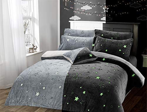 Olivia Rocco Glow In The Dark Teddy Fleece Duvet Cover Sets Soft Warm Kids Bedding Childrens Quilt Covers Set, Stars Grey Single