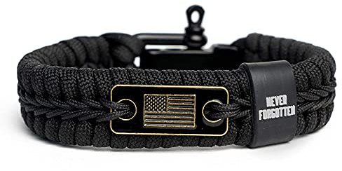 iHeartDogs Hero Company Never Forgotten Paracord Bracelet - Tactical Survival Bracelet for Men with Bronze USA Flag - Helps Pair Military Veterans with a Companion Dog