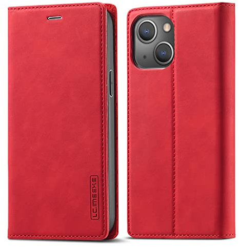 QLTYPRI Case for iPhone 13, Vintage Matte Leather Wallet Case Card Slot Kickstand Magnetic Shockproof Flip Case Cover for iPhone 13 - Red