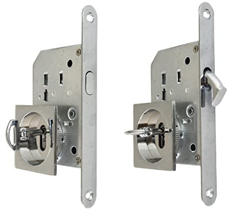 BricoShopping® set MANIGLIE per PORTA interna in legno A SCOMPARSA SCORREVOLE KIT con SERRATURA ad INCASSO GANCIO chiave e nottolino cieca rotonda bocchetta acciaio (Quadrato C/Chiave, Cromo Lucido)