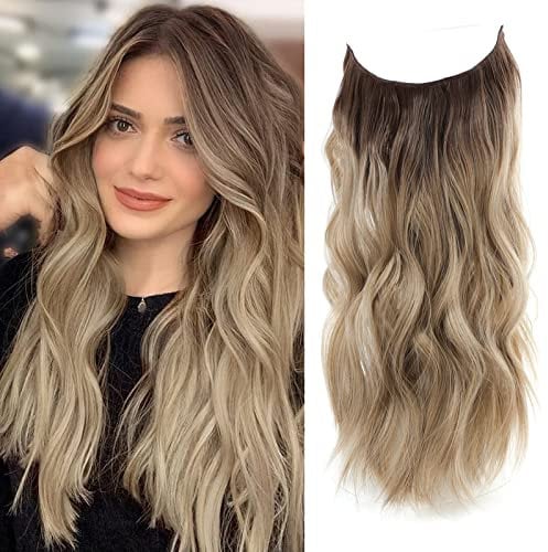 Invisible Wire Hair Extensions Hair Pieces for Women Natural Wavy Hair Extension Synthetic Hairpieces 20 Inch Secret Hair Extension (Dirty Blonde with Dark root)