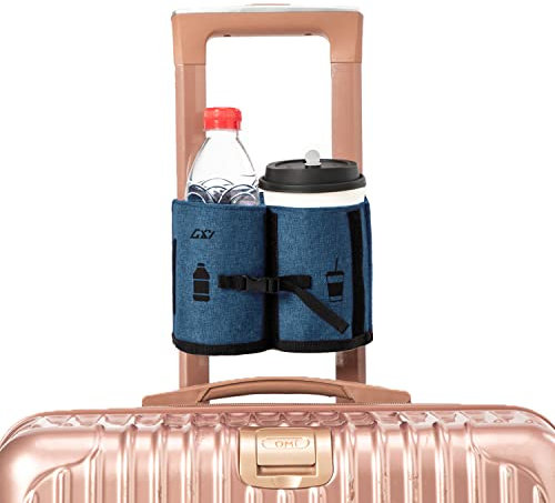 Luggage Travel Cup Holder, Portable Drink Caddy Bag Hold Two Coffee Mugs Free Your Hand for Drink Fits Roll on All Suitcase Handles Traveler Accessory Grey Purple for Men Women