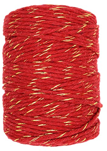 Macrame Cord Twine Natural Cotton String Craft Artisan Thread Twisted Macramé (Red with Gold Thread, 5 mm x 100 m / 328 ft)