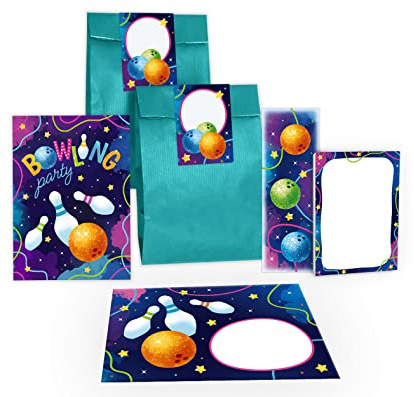 Junapack 12 Einladungskarten zum Kindergeburtstag Bowling Bowling-Party Einladungen für Geburtstag Mädchen Jungen incl. 12 Umschläge, 12 Tüten/petrol, 12 Aufkleber, 12 Lesezeichen, 12 Blöcke