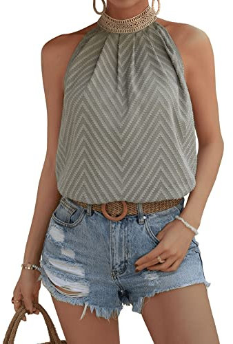 GORGLITTER Neckholder Oberteil Damen Bluse Elegant Blusentop Durchsichtige Spitzen Top Ärmellose Bluse Sommer Blusenshirt Grün M