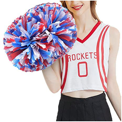 SHTGOI 4 Stück Cheerleading Pompoms Cheerleader Pom Poms Handblumen mit Handle Hell Handgekurbelter Blumenball für Sportwettbewerb Urlaub Feiern Tänze Karnevalspartys Rot+Blau+Weiß 1#