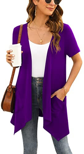 Yommay Cardigan da Donna Estivo a Maniche Corte per Donna Elegante Cardigan Casual Leggero con Tasca Orlo Alto Basso,Viola,L
