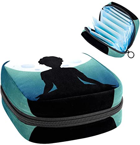 Mann meditiert im Park bei Nacht, tragbare Tampon-Aufbewahrungstasche für Damenbinden, Mehrfarbig, 4.7x6.6x6.6 in/12x17x17 cm