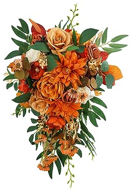 Ansofi Bouquet da sposa, 28 cm, colore arancione bruciato, stile rustico, stile bohémien, a cascata, fiori autunnali e vintage, decorazione per cerimonie e feste