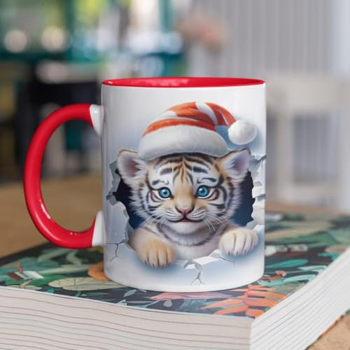 3D Cute Animal Mug | Creative Design Ceramic Coffee Mug | Tiger Mug | 3D Effect Crack Mugs Xmas Christmas Funny Gift Presents Novelty Red Trim Dishwasher/Microwave Safe Ceramic 11oz