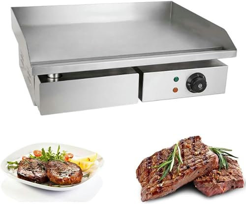 Bistecchiera Elettrica, Piastra Elettrica per Cucinare Acciaio Inox, Temperature 50-300℃, Professionale, con Vassoio Anti-Schizzo, AntiGraffio e Lavabile in Lavastoviglie per Carne, Verdure-1pc