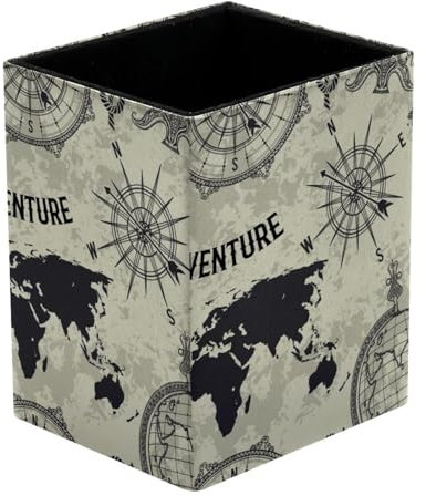 VAPOKF Pencil Holders for Desk, Vintage World Map Compass and Globe Prints Pen Holders Pen Pot Makeup Brushes Storage Desktop Stationary Supplies Organiser for Home Office