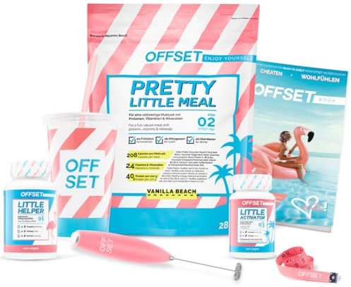 OFFSET Nutrition Abnehm Set Vanilla Mix [FÜR 14 TAGE] - inkl. ERNÄHRUNGSPLAN | Nur 250 KCAL pro Mahlzeit | Mit Abnehm Shake, Handmixer & Sättigungskapseln | Diät Shake Set | Mahlzeitersatz