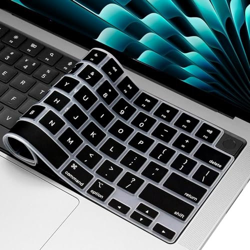 MasiBloom Tastaturabdeckung für MacBook Air 2024, 38,1 cm (15 Zoll), 33 cm (13 Zoll), M3-Chip A3113, A3114, flüssiges Retina-Display und Touch-ID-Schutz, Zubehör, US-Layout, Schwarz / Silikon
