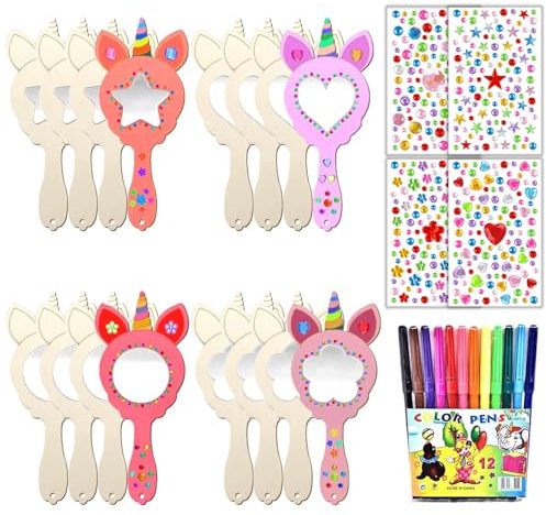 ShnminEU 16 Stück Einhorn Spiegel Holz Basteln Kindergeburtstag Holzspiegel Zum Bemalen Kinder DIY Handwerk Kinderspiegel Prinzessin Mini Handspiegel mit Griff für Mädchen Bastelset