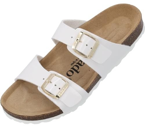 Palado Pantoletten Damen Samos - elegante Sandalen Made in Spain - bequeme Hausschuhe mit dämpfendem Kork-Fußbett - modische Sommerschuhe Lack Weiß/Gold UK6 - EU39