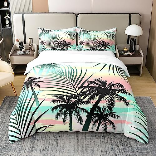 Loussiesd Palm Baum 100% Baumwolle Bettwäsche Set 135x200cm Palm Leaf Bettbezug Set Baumwolle Botanical Nature Theme Bettbezug Set Hawaiian Tropisch Island Bettbezug Set Colorful Bettwäsche-Set