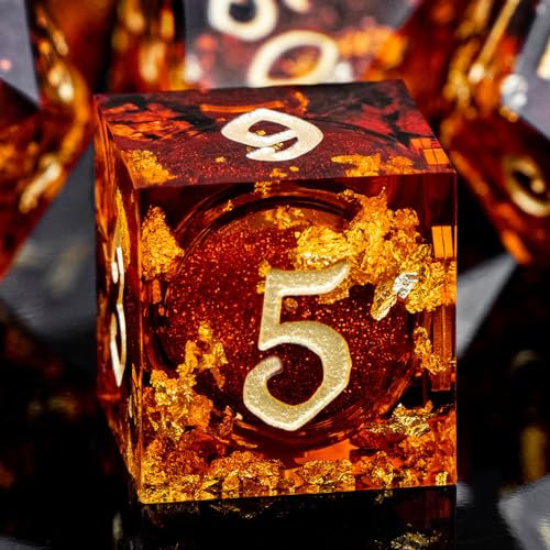 ARUOHHA Liquid Core - Set di 7 dadi in resina con bordi affilati, compatibili con giochi di ruolo di D&D, con numeri dorati, Dungeons rossi, con confezione regalo, set di dadi D e D D20 D10 D6
