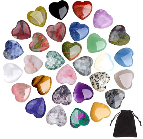HOVIN Edelsteine Herz 30 Stück,Edelsteine für Kinder,Natürliche Kristalle Steine,Heilsteine für Meditation,Chakra und Energieausgleich