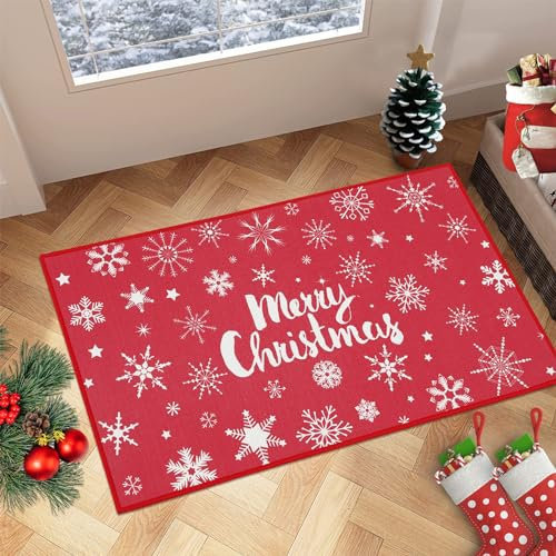 LuxFocus Weihnachts Fußmatte, 50 x 80 cm Rutschfeste Schneeflocken Matte, Frohe Weihnachten Vordermatte für Drinnen und Draußen, Weihnachtsdekoration Küche Wäscherei