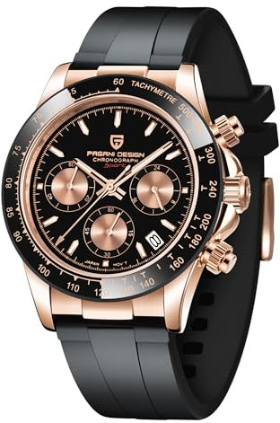Pagani Design Daytona Hommage Herren Quarzuhr, Chronographen-Armbanduhr für Herren, VK63 Uhrwerk, Edelstahlband, PD1644 (Schwarzes Gold, Gummi)