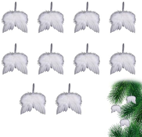 10 Stück Weiße Engelsflügel Deko für Weihnachtsbaum, Federn Anhänger
