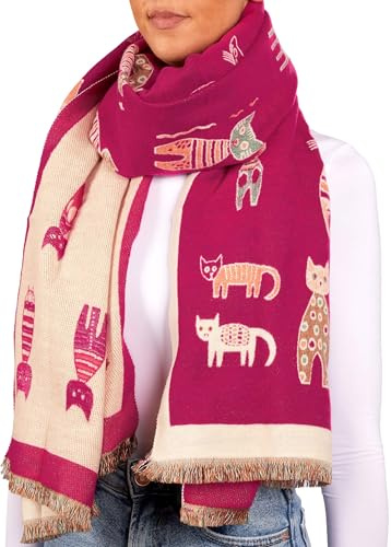 Brubaker Sciarpa da Donna Cashmirillo con Motivo a Gatto - 70 x 200 cm - Calda, Accogliente e Oversize - Sciarpa di Lana per l' Autunno e l'Inverno - Morbida Sensazione di Cachemire