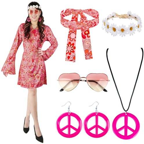 60er 70er Jahre Hippie Damen Kostüm - Stirnband, Haarband, Brille, Halskette, Ohrringe - Disco Accessoires für Karneval Party