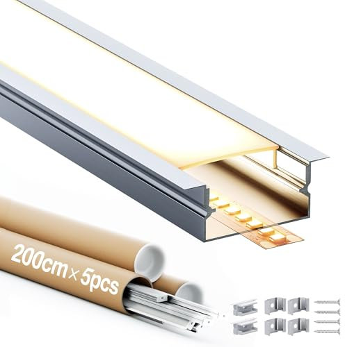 GEEKLUX LED Aluminium Profil 2m 5er Set, Led Schiene für led Streifen bis 15mm, led Kanal mit Diffusor, Endkappen, Montageclips und Schrauben, Perfekt für Möbel-, Decken- und Wandbeleuchtung