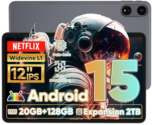 Tablet 12 Inch, Android 15 Tablet, 20GB RAM 128GB ROM 2TB Expand, Tablets with IPS 1200 * 2000,2K Display, T615 Octa Core CPU, 5MP+13MP, Widevine L1, 8000mAh Battery, BT5.2, GPS, 2.4G/5G WiFi