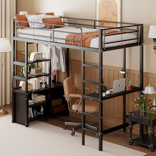 KOMHTOM 90x200cm Multifonctionnel Lit Surélevé avec Bureau et Port de Charge, Lit Mezzanine avec Compartiments de Rangement Multiples(sans Matelas) (Noir)