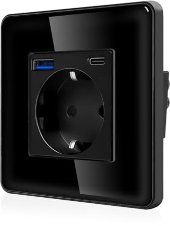 CNBINGO Einzelsteckdose mit 2× USB-Anschluss (Max. 2.1A, Typ-C und USB-A) - Einfach Schuko Steckdose Unterputz mit 2,5D Curved Glas Platte - Wandsteckdose mit Kindersicherung - 1 Fach Schwarz