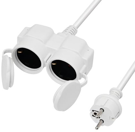 XUANSHI Verlängerungskabel Outdoor 7m mit 2 Schuko-Steckdosen, Doppel-Verlängerung Stromkabel IP44 für den Außenbereich, 3G 1,5 mm² Gummi-Kabel außen - 2 Fach Verteiler mit Schutzkappe 3500W - weiß