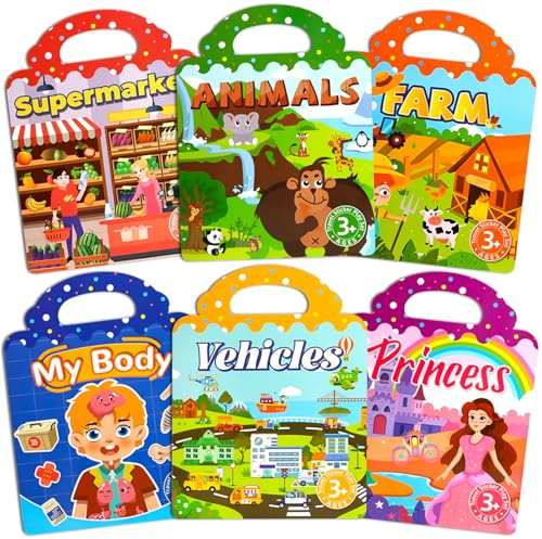 ASTARON 6er-Set Wiederverwendbares Stickerbuch, 3D-Sticker für Kleinkinder (3–4 Jahre), tragbares Reisespielzeug und Beschäftigungsbuch für Kinder (3–4 Jahre)