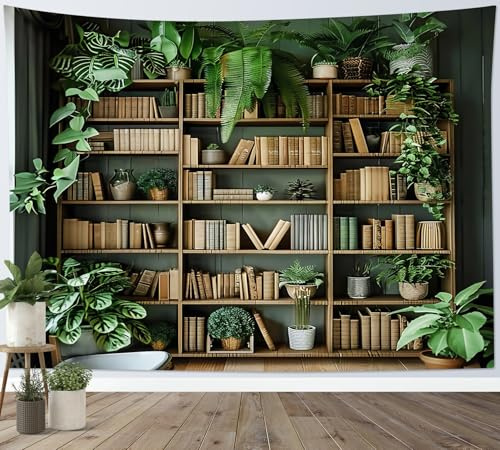 LB Tapisserie Murale Plantes vertes Tenture Murale Livres modernes sur étagère Décorations pour Maison Salon Chambre Dortoir,235x180cm
