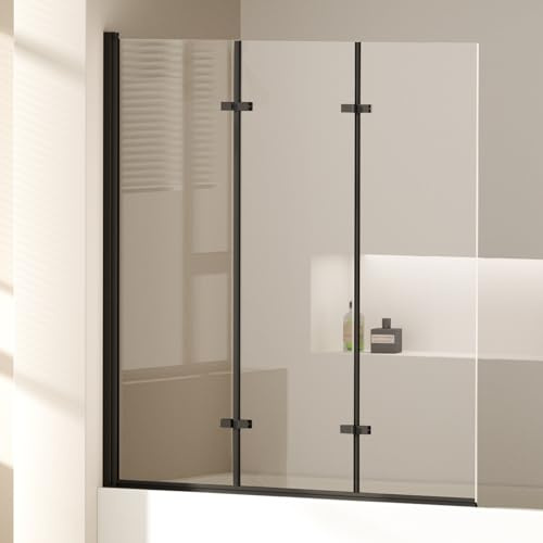 EMKE Duschwand Badewanne, 120x140cm, 3-teilig Faltbar, Schwarz | 6 mm ESG Sicherheitsglas, Beidseitig nano-beschichtet, Wasserabweisend, Pflegeleicht, Stabile Konstruktion, Modern