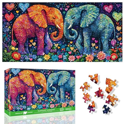Ginfonr Puzzle 1000 Teile 《Elephant Harmony 》 Puzzle Erwachsene Herausforderndes Rätsel,Puzzlespiele Für Die Ganze Familie, EIN Festliches Geschenk Für Freunde in Einer Schönen Verpackung Elefant