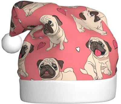 WYCZHY Lustige Cartoon-Mütze mit Mops-Motiv, Weihnachtsmann-Mütze, rot, für Erwachsene, Damen, Herren, Accessoire mit Wintermützen