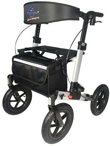 Rollator Outdoor mit Luftreifen Ektos - faltbarer Leichtgewichtrollator mit Sitz & Tasche | höhenverstellbar, bis 15 kg belastbar | Outdoorrollatorfür Senioren, Silber