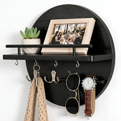 EUBSWA Organisateur de clés avec étagère, bois vintage, boîte à clés avec crochet, rond, avec 6 crochets pour clés, pour salon, bureau, cuisine, chambre, couloir (noir)