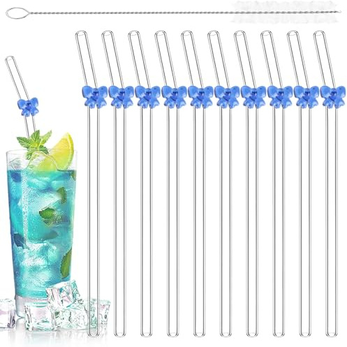 Mtbricey 10 Pcs Bow Glass Straws with 1Pc Straw Cleaner Brush 20cm/7.87inches Reusable Bent Clear Glass Straw with Bows Drinking Straws for Cocktails Coffee Smoothies Juice Milkshakes (Blue Bow)