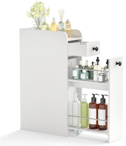 COSTWAY Petit Meuble Salle de Bain avec Tiroirs, Meuble Rangement Étroit pour Papier Toilette, Armoire de Toilette pour Petit Espace, 40 x 18 x 70 cm (Blanc)