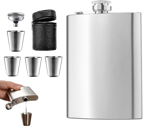 Stainless Steel Hip Flask 8 oz with Funnel and 4 Small Cups (Silver)