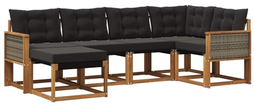 vidaXL Outdoor-Sofagarnitur mit Kissen 6 pcs Natürlich und Schwarz, Moderne Outdoor-Sofa-Sitzgruppe, stylische Gartenmöbel, robuste Terrassenmöbel, Bequeme Lounge für den Garten