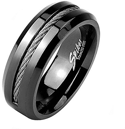 Mianova Herren Band Ring Edelstahl mit eingefassten Kabel Bandring Herrenring Partnerring Biker Rocker Schwarz Größe 67 (21.3)